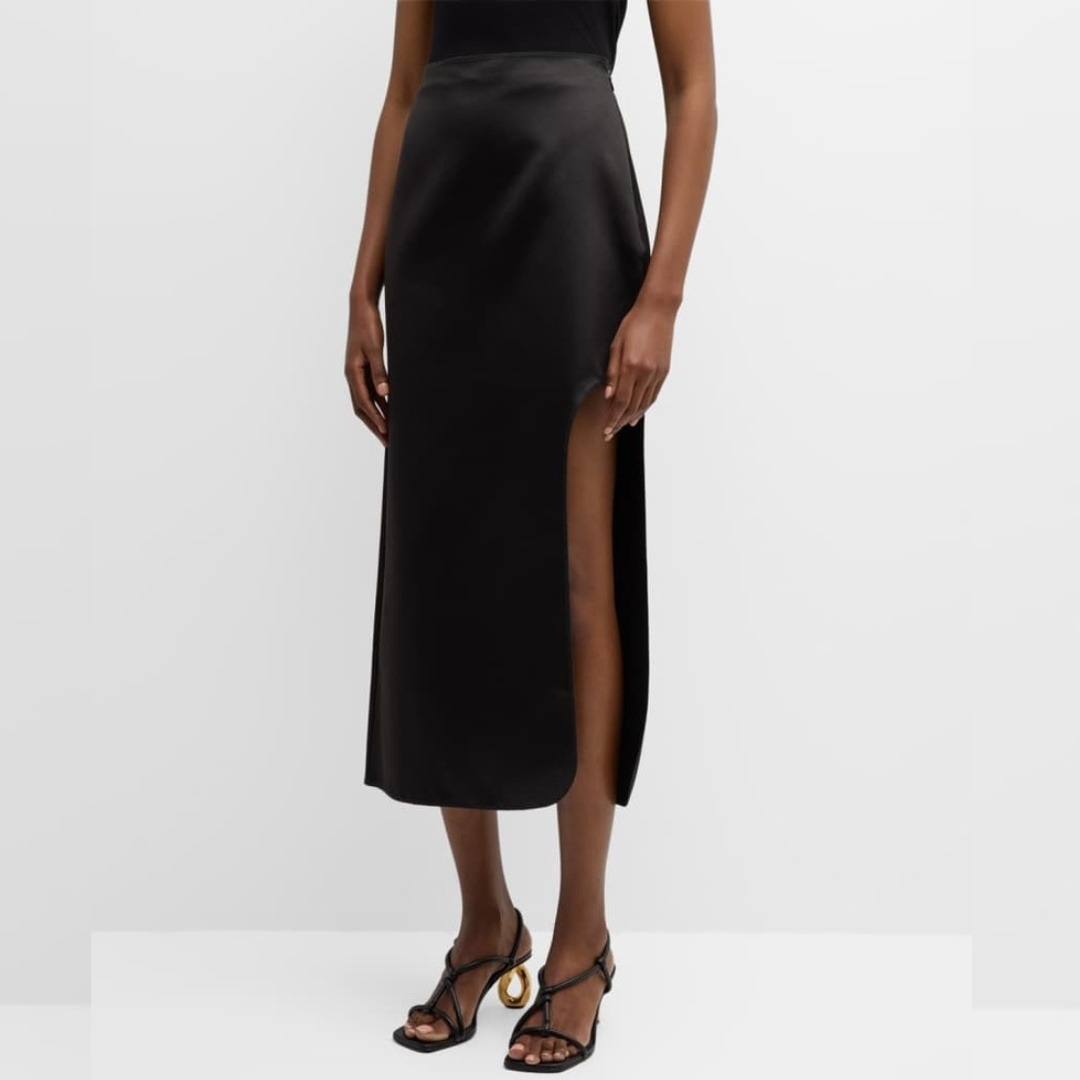 By Malene Birger Skirt Satin Wick Black Side Slit Midi Skirt Size 42 Us 12